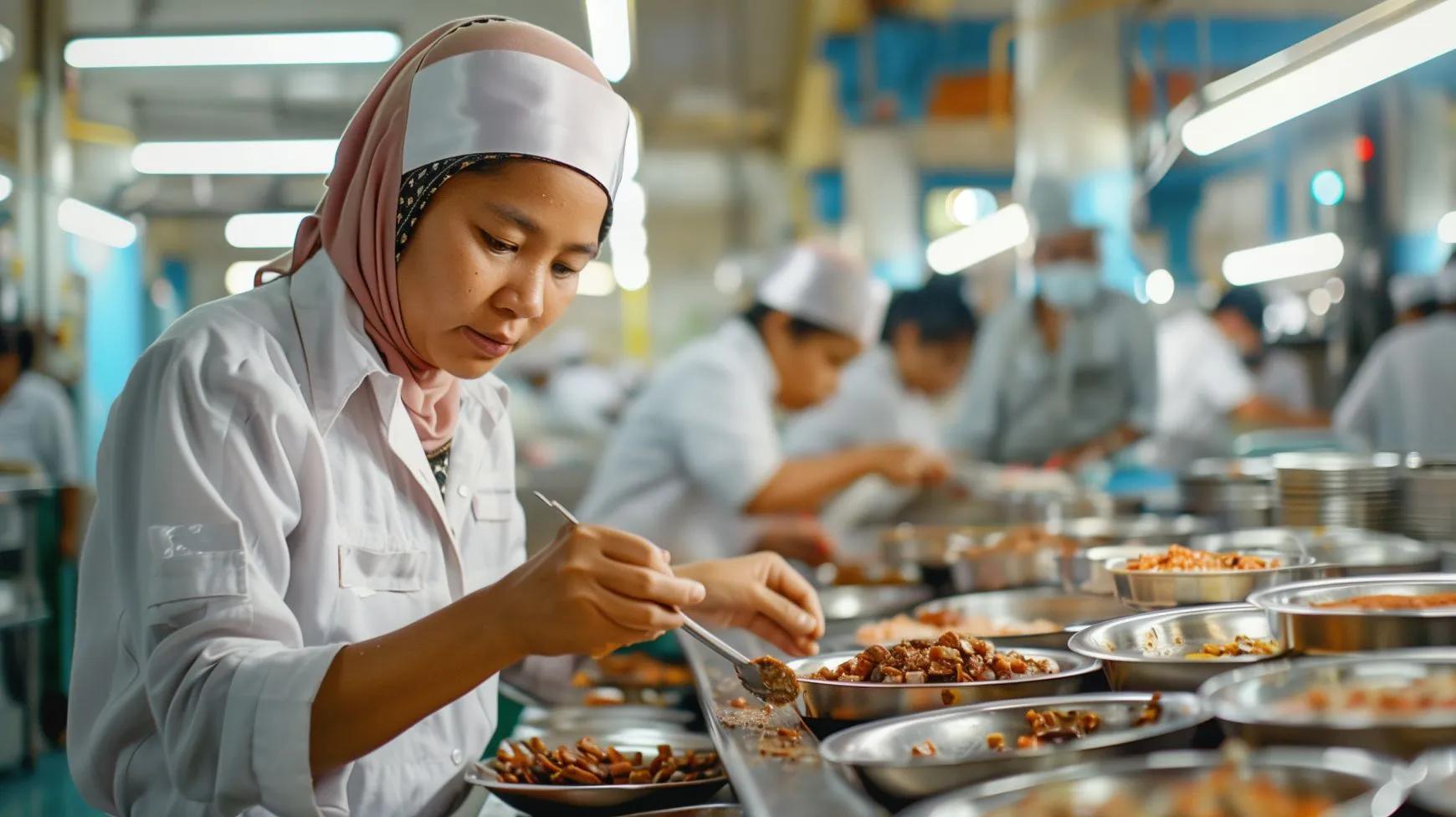 Halal food inspector conducting product quality checks at a food facility